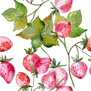草莓果。绿叶。水彩背景插图集。无缝的背景模式
