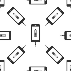 智能手机电池充电图标无缝模式在白色背景上。电话与低，电池充电和 Usb 连接。平面设计。矢量图