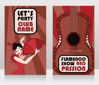 弗拉门戈表演的两个横幅，传统吉普赛舞者和吉他，矢量插图