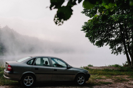 背景雾草树湖和自然背景下的汽车