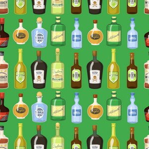 酒精无缝的背景与酒和鸡尾酒瓶和杯子向量例证。饮料餐厅饮料酒吧派对菜单纹理图形纺织品