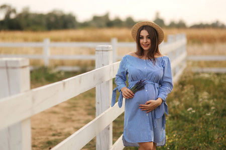 美丽的孕妇穿着蓝色礼服走在农场附近。针织袋和薰衣草花束。农场的背景