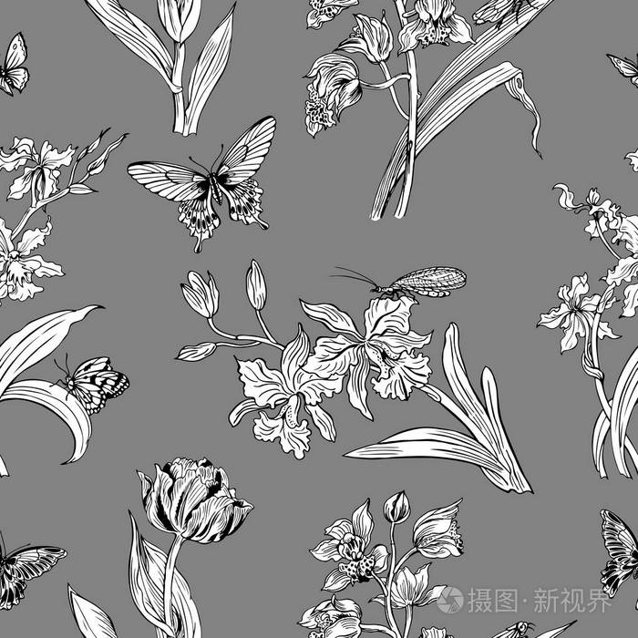 兰花和蝴蝶的无缝图案,黑白矢量插图,花卉图案印花,用于昆虫和植物的