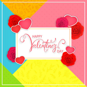 刻着快乐的情人节，心和玫瑰在五颜六色的背景插图。
