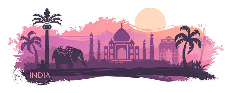 印度风格的风景与泰姬陵和大象。向量背景