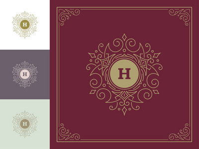 豪华标志模板矢量复古华丽的装饰品。 适合皇家皇冠精品品牌酒店标志与繁荣框架豪华模板。