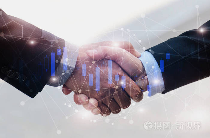 握手用图形网络连接图和烛棒图股票市场投资交易图为外汇团队合作全球