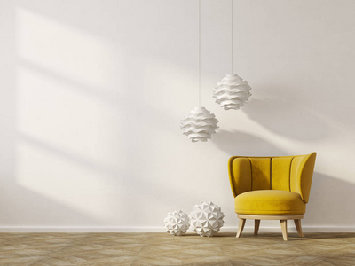 现代客厅有黄色扶手椅和灯。 斯堪的纳维亚室内设计家具。 三维渲染图