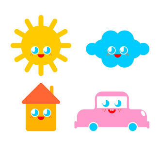 可爱的字符集。有趣的太阳和云。房子和汽车卡通风格。孩子的性格。孩子们的风格。