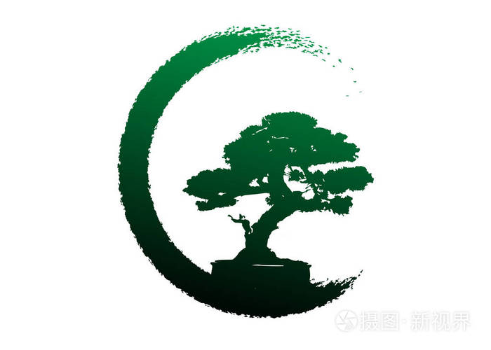 日本盆景树标志植物轮廓图标白色背景绿色生态轮廓盆景. 详细的图像.