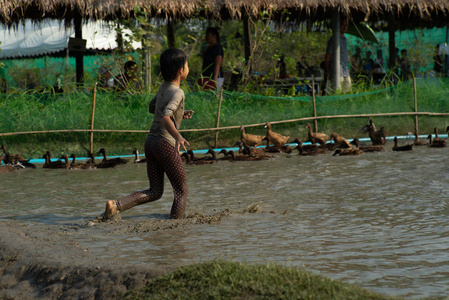 肖像亚洲湿女孩喜欢在泥塘里玩，在农场里追逐一群鸭子。