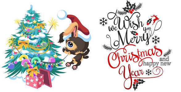 卡通可爱的快乐狗装饰圣诞树图片