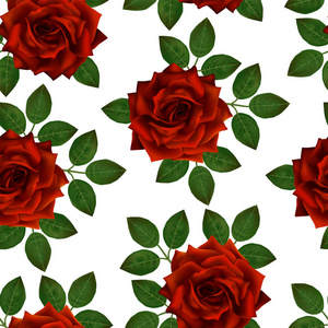 红色玫瑰的无缝图案。有叶子的美丽写实的花朵..实相玫瑰花芽，清洁载体高详结果..