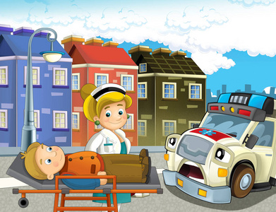卡通场景在城市与女医生和汽车快乐救护车和男子受伤的担架插图儿童