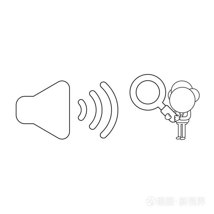 矢量插图商人角色拿着放大镜看着图标上的绿色声音黑色轮廓