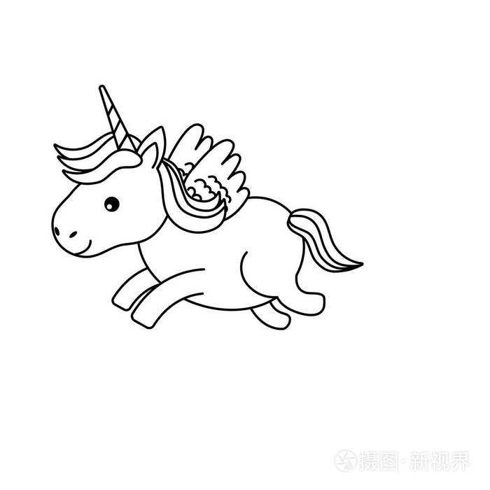 线可爱的独角兽与喇叭和翅膀设计vecto插图