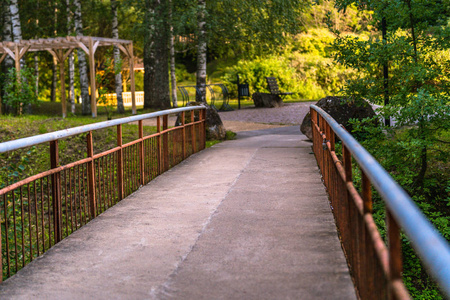 彩色照片的桥在一个公园之间的树林与模糊的公园长凳的背景，为文本，阳光，秋天的概念，和平与和谐