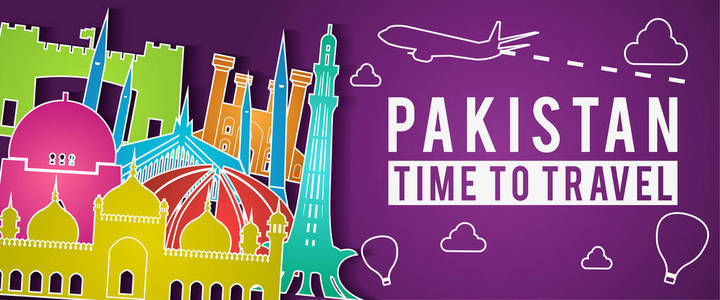 巴基斯坦著名的地标剪影，彩色风格的飞机和气球飞来飞去与云矢量插图。