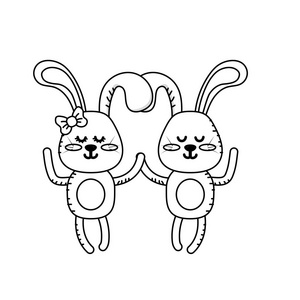 线可爱的动物夫妇兔子一起矢量插图