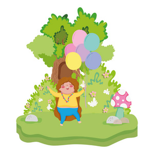 小胖妞带着气球空气在景观矢量插图设计