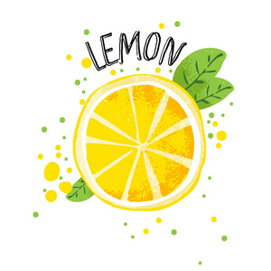 向量手画柠檬例证。一半和一片柠檬与果汁飞溅隔离在白色的背景。质感黄色柑橘素描, 果汁柑橘类水果与字柠檬在上面。新鲜成熟