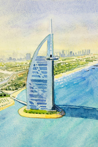 绘画地标最高建筑美丽的天际线场景在迪拜。 棕榈岛阿拉伯联合酋长国。 水彩山水画插图在ASIS著名地标。 手绘图像