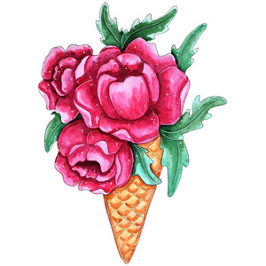水彩手在冰淇淋里画了粉红色的牡丹花。明亮的插图与水彩污渍完美的夏季婚礼邀请和派对卡制作