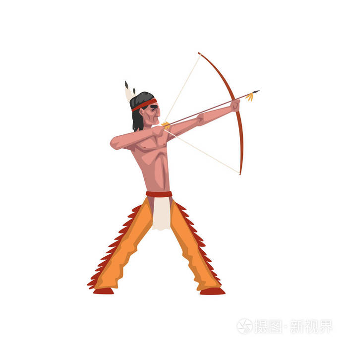 美洲原住民的印第安人射击弓部落成员在传统的种族服装和头带与羽毛