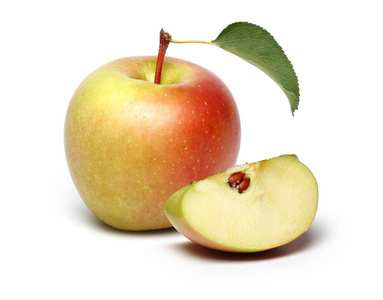苹果和切片，用白色背景分离的叶子