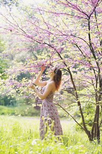 一个美丽的女人在春天的花园里，在一棵盛开的树下