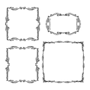 一套装饰复古框架。 由白色背景的手工矢量插图绘制的图形