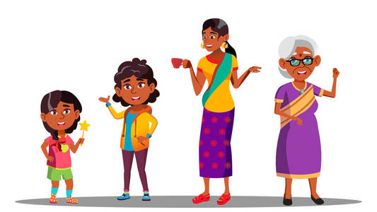 印度一代女性集向量。祖母, 母亲, 女儿, 孙女, 宝贝。向量。孤立的插图
