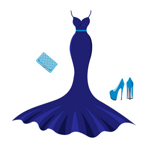 一套时尚晚礼服。 女性时尚时尚的服装。 晚上深蓝色连衣裙鞋手提包离合器。 矢量插图eps10。