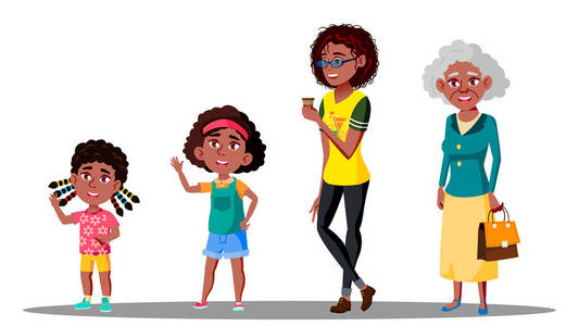 非裔美国人一代女性集向量。祖母, 母亲, 女儿, 孙女, 宝贝。向量。孤立的插图
