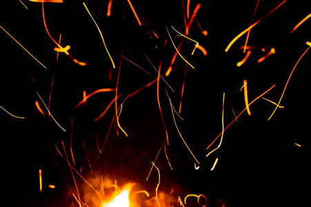 近距离观看篝火燃烧的火花，作为黑暗的抽象背景