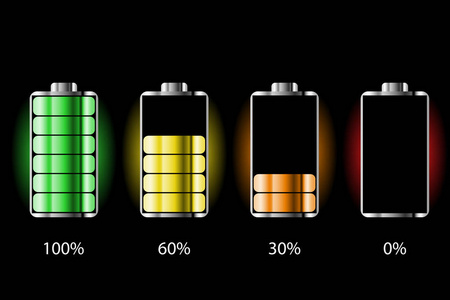 电池充电状态与照明。 低能量和高能量水平的电池指示器。 手机全充电能量。 功率电平的累加器指示器图标。 孤立在黑色背景上。
