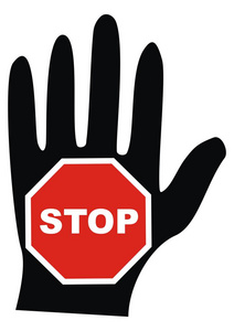 红色交通标志标记的背景黑色轮廓的手。 矢量隔离图标。