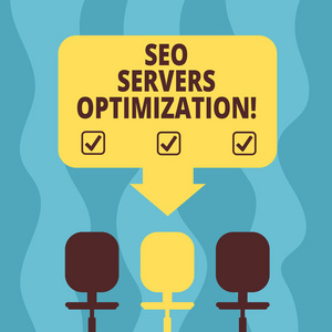 显示 seo 服务器优化的概念手写。商业照片展示了 seo 网络以最高效率工作空间颜色箭头指向三个旋转椅之一