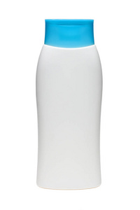 白色背景上有蓝色帽子的白色瓶子。 淋浴凝胶洗发水头发冲洗。