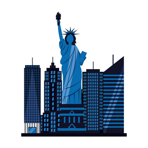 自由城纽约摩天大楼白色背景矢量插图雕像