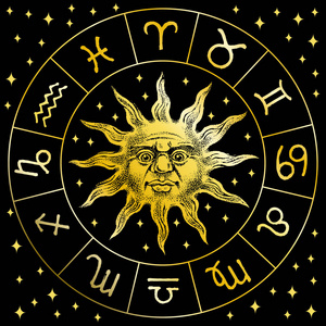 十二生肖太阳图标。占星术星座有标志。带有 日历 模板的面的字符。波希米亚经典复古风格。涂鸦素描的雕刻手