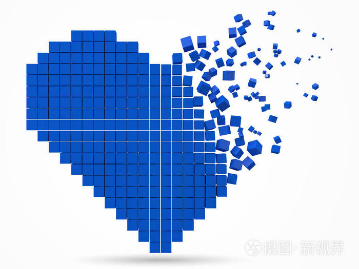 心形溶解数据块用蓝色立方体做的3d像素样式矢量插图
