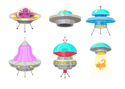 外星宇宙飞船, 一套 ufo 不明飞行目标, 神奇火箭, 宇宙太空中的宇宙航天器。在白色背景的向量插图。桂元素。平面游戏, 卡通