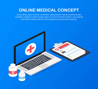 带有字符的在线医疗概念横幅。可用于网页横幅信息图形英雄图像。向量例证