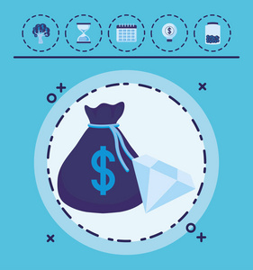 钻石和钱袋与金钱相关的图标在蓝色背景矢量插图。