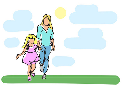 母亲和女儿一起行走的一条线图