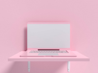最小的想法概念。 笔记本电脑模拟在货架上木粉色糊颜色在混凝土墙背景。 三维渲染。