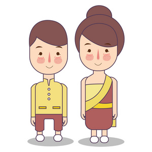 泰国婚礼情侣, 可爱的传统服装新娘和新郎卡通矢量插图