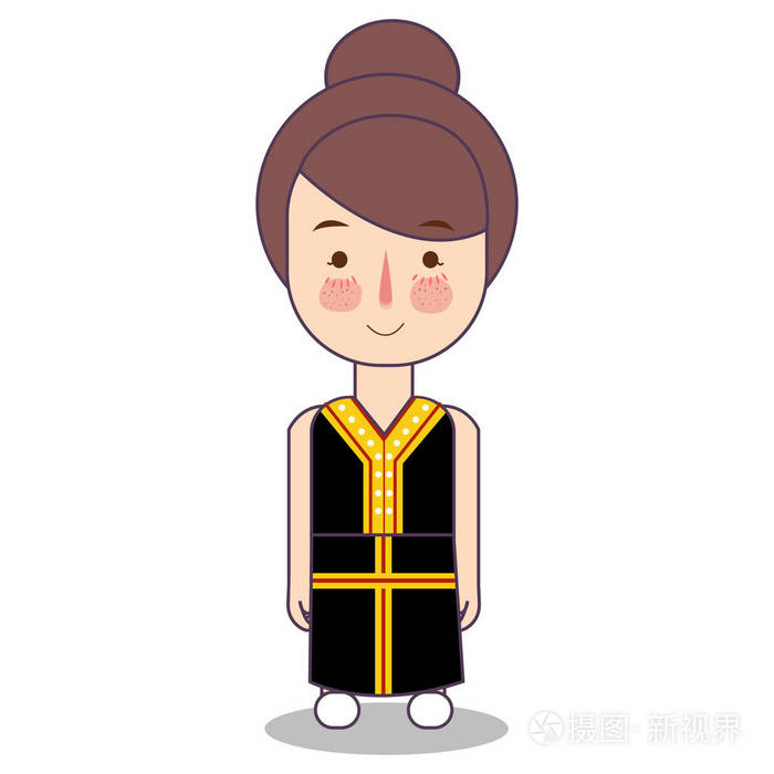 马来西亚可爱的传统服装时尚卡通女女性穿着服装矢量插图
