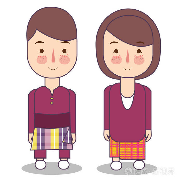 马来西亚新娘和新郎卡通婚礼.传统的国服.传统服装中的卡通人物集.